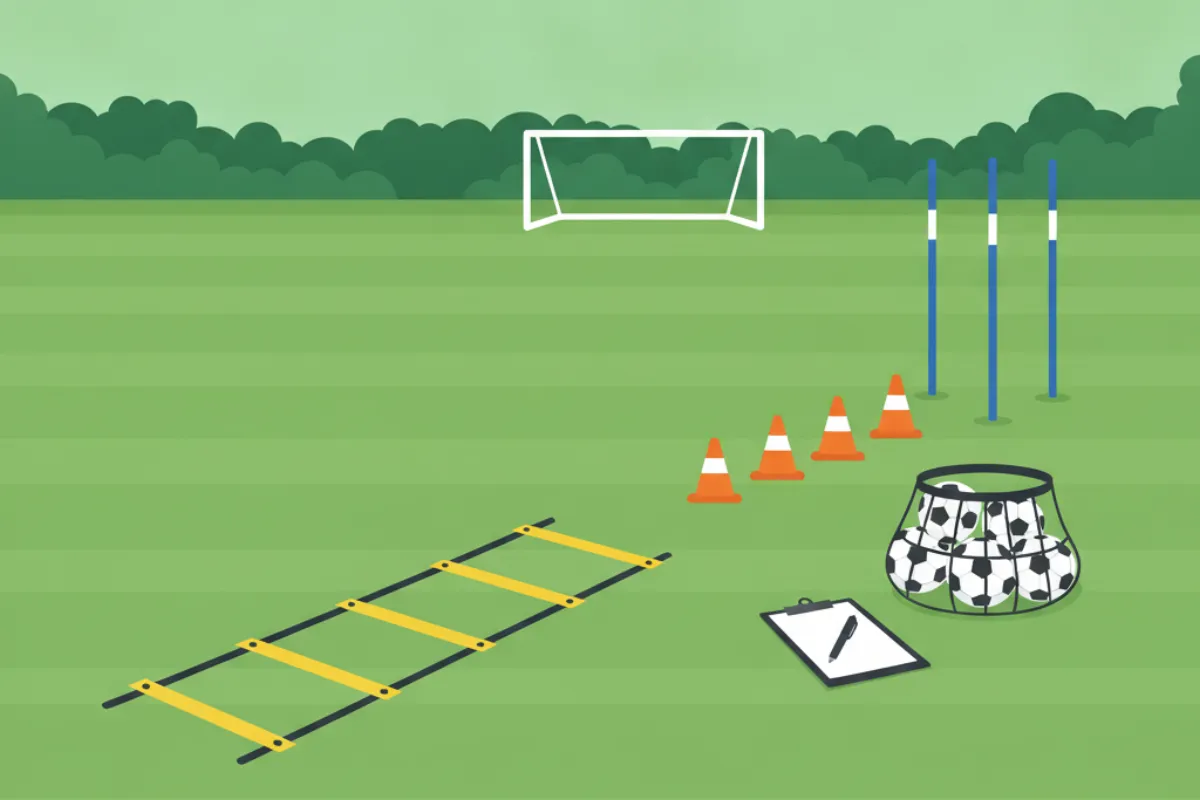 A training session laid out on mown grass: an agility ladder, a zigzag of orange cones, three upright poles, a mesh bag of footballs and a clipboard, with a goal behind.