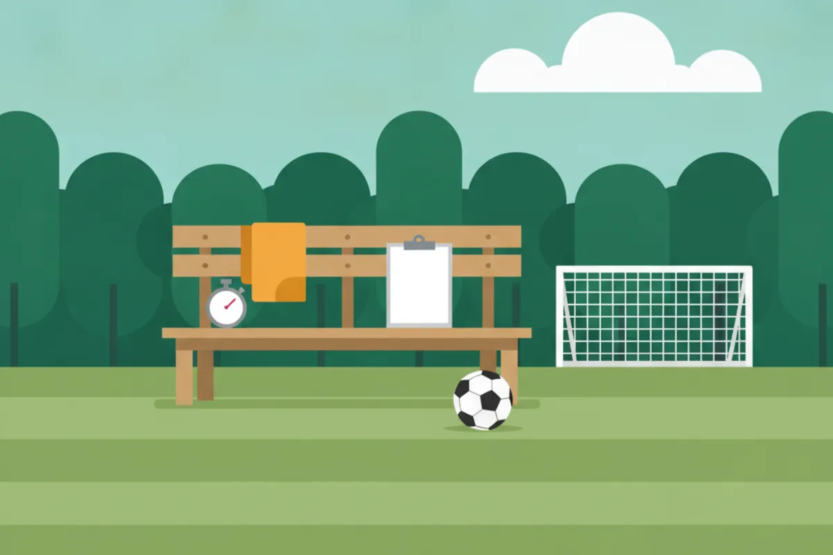 An empty wooden substitutes' bench on striped grass with a stopwatch, a clipboard and an amber training bib on it, a football on the grass in front, and a small goal and trees behind.