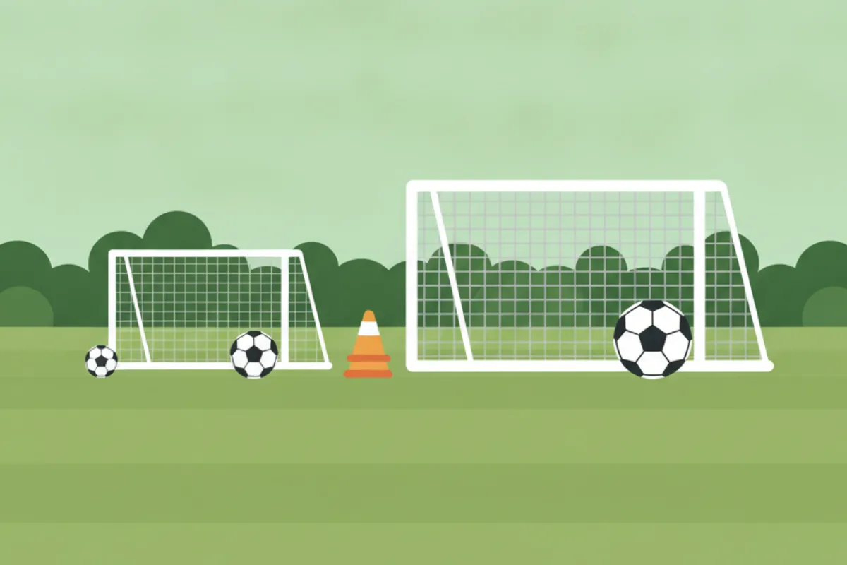 A small goal and a larger goal side by side on mown grass, each with a football of matching size in front, and an orange cone between them.