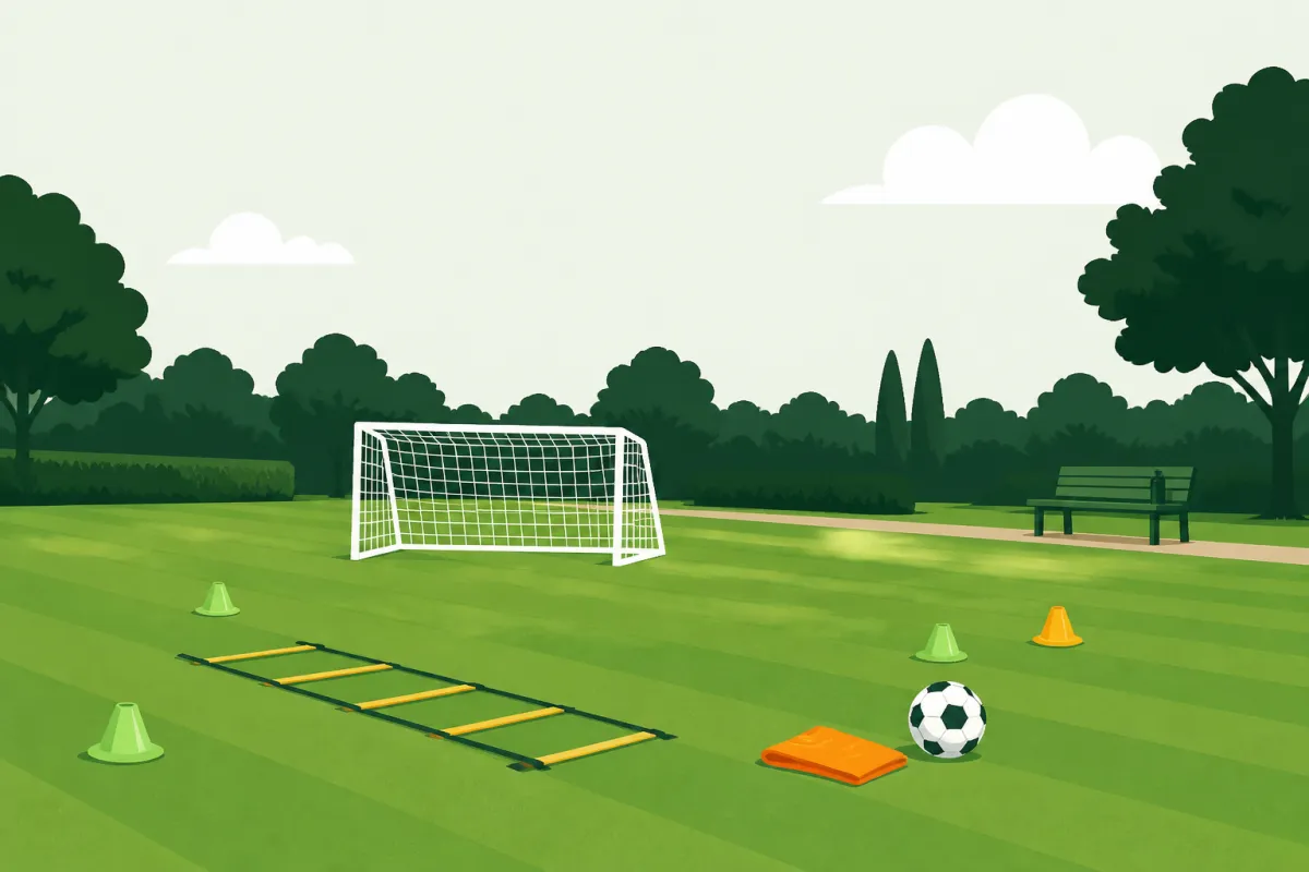 A single pitch in a park with one goal, a ladder drill and a few cones laid out for one player, a folded bib and a ball, and a park bench at the touchline with a water bottle on it.