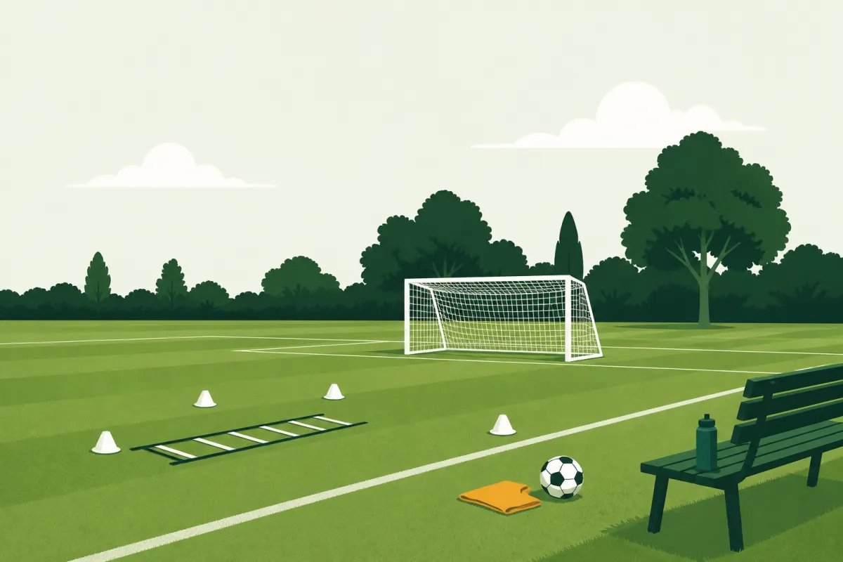 A single pitch in a park with one goal, a ladder drill and a few cones laid out for one player, a folded bib and a ball, and a park bench at the touchline with a water bottle on it.
