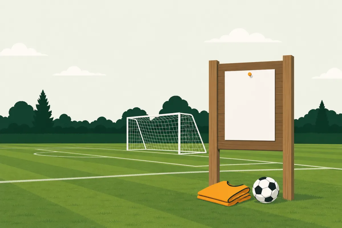 A wooden noticeboard beside a pitch with a blank poster pinned to it, a folded bib and a football on the grass.