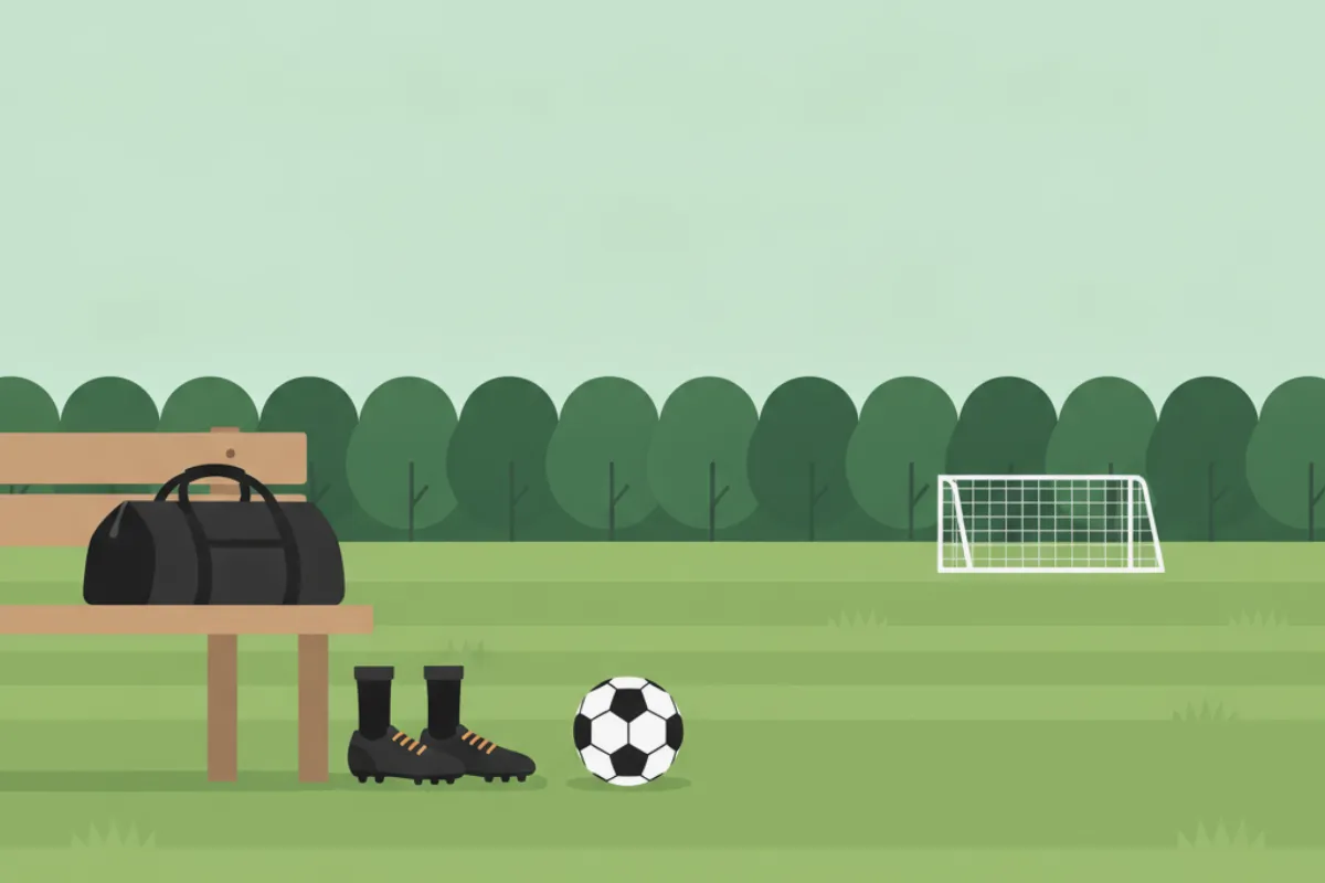 A wooden bench at the edge of a grassroots pitch with a black kit bag on it, a pair of football boots and a ball on the grass in front, and a small goal and trees beyond.