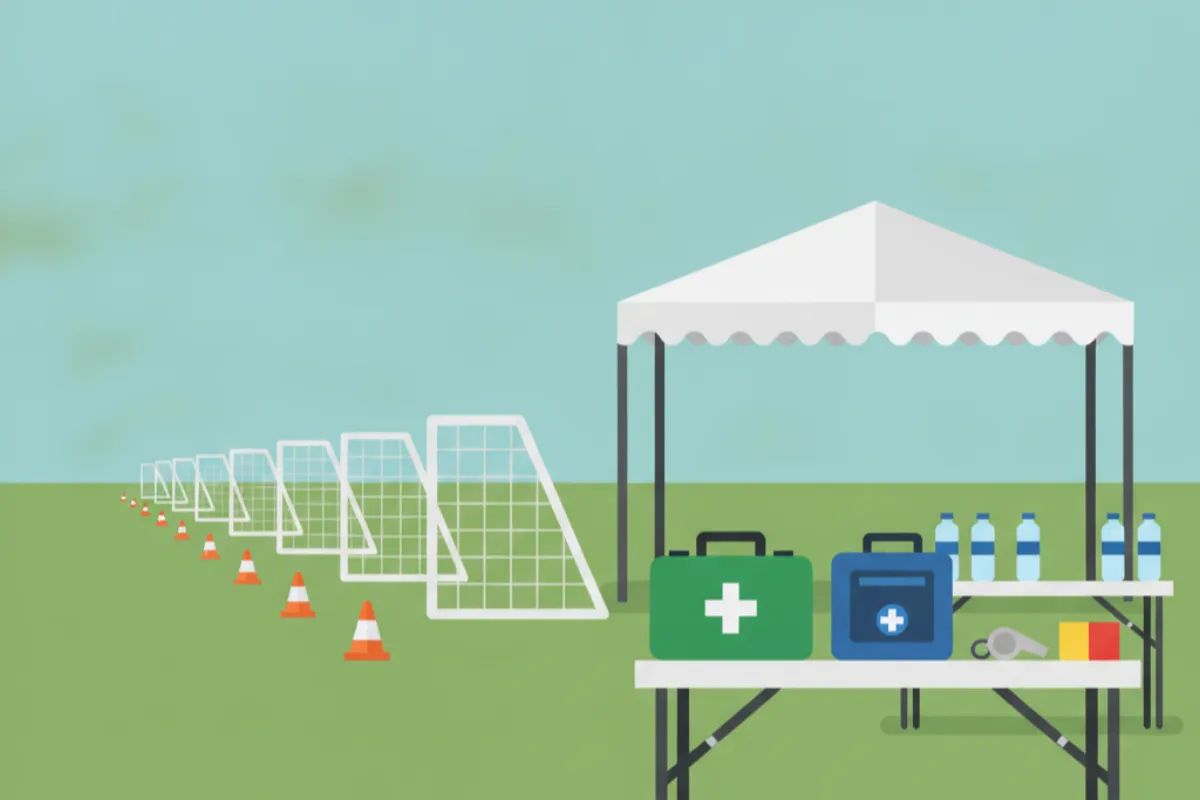 A tournament morning: a first aid kit and defibrillator case on a folding table beside a whistle, referee cards and a water station, with a gazebo, goals and cones on the grass behind.