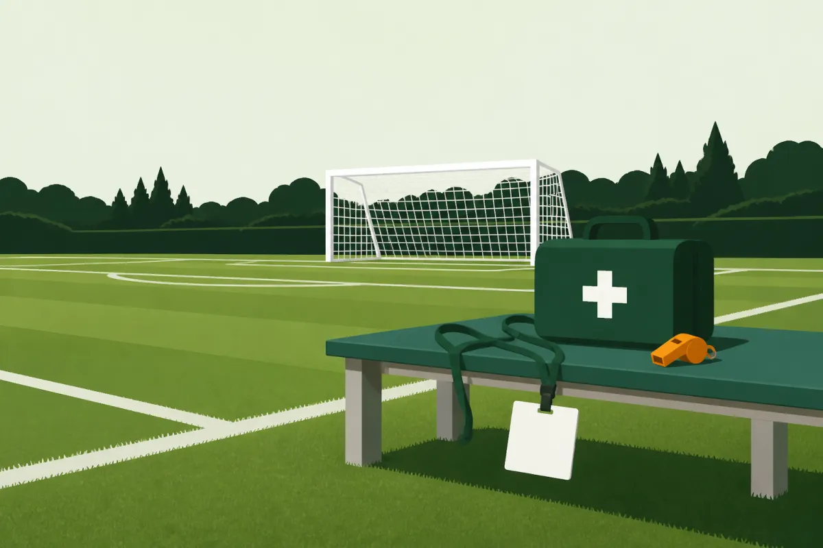 A lanyard with a blank card, a whistle and a first-aid kit on an empty touchline bench beside a pitch.