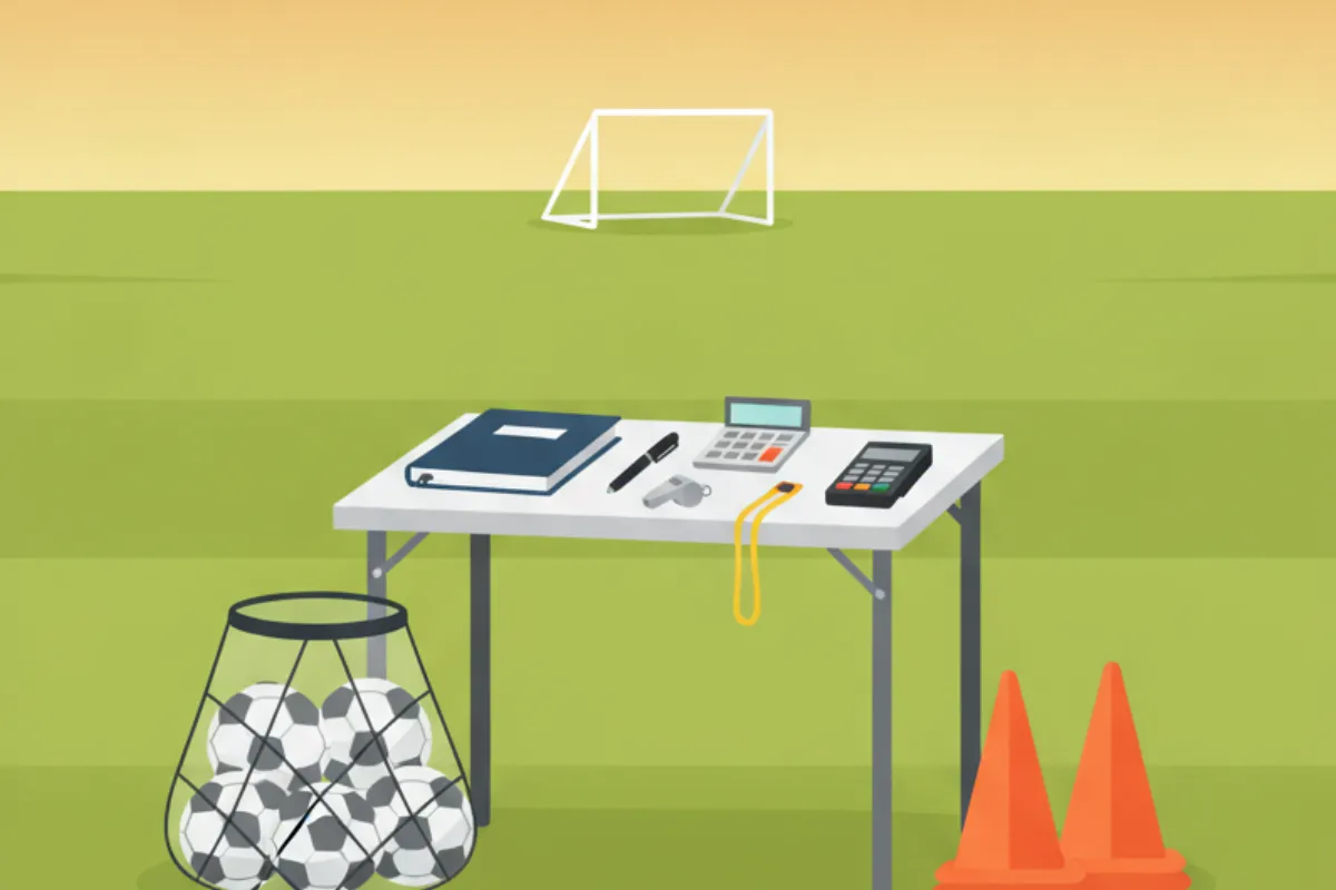 A folding table on mown grass with a folder, a pen, a calculator, a whistle on a lanyard and a card reader laid out on it, a mesh bag of footballs and two orange cones beside it, and a small portable goal in the distance.