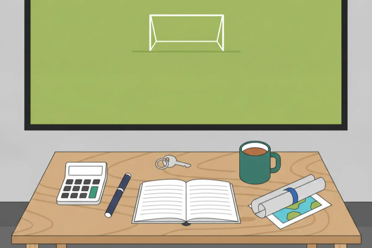 A clubhouse table with a calculator, a pen, an open notebook, a mug of tea, keys and a rolled pitch plan, with a goal on the grass through the window.