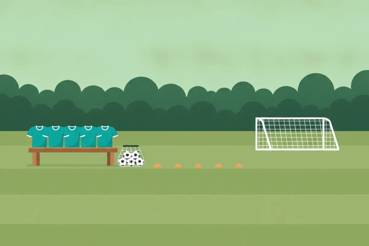 A row of plain folded teal football shirts on a low bench, a mesh bag of footballs and a line of small amber cones on the grass, with a small goal and trees beyond.