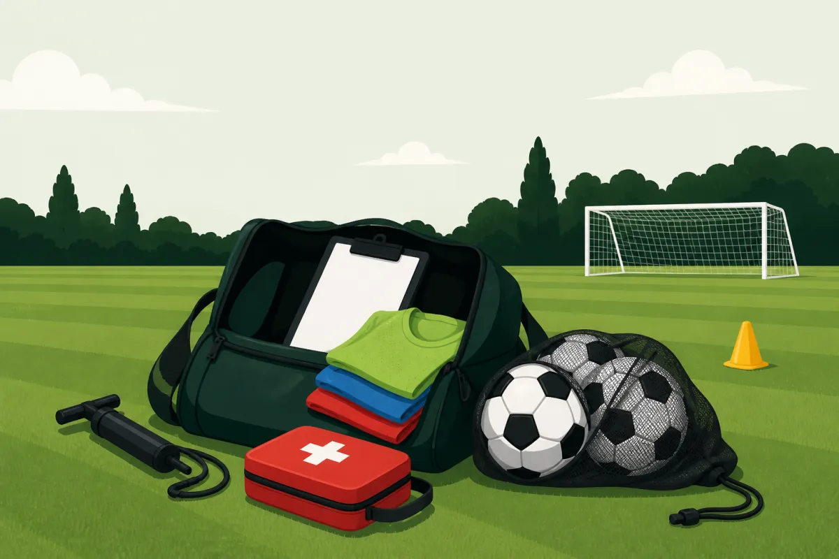 An open kit bag on the grass with bibs, a pump, a first-aid kit and footballs spilling out, and a clipboard on top.