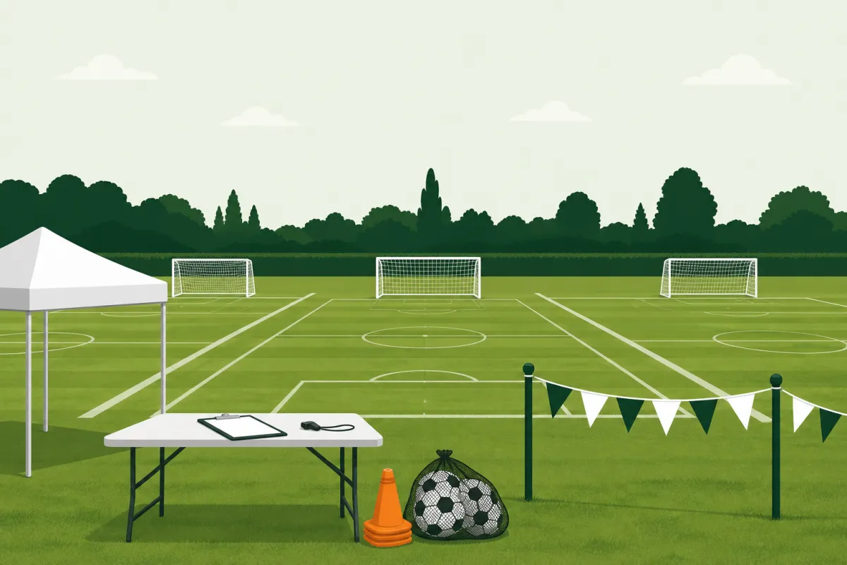 A tournament morning: three small pitches with portable goals, a folding table with a blank clipboard and a whistle, a gazebo, bunting, cones and a bag of footballs.