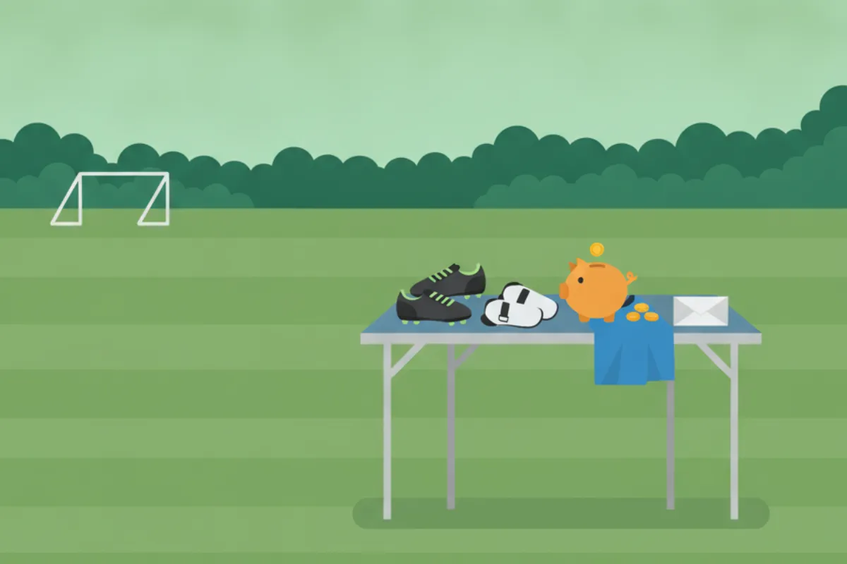 A folding table on mown grass with football boots, shin pads, a blue shirt, a piggy bank with coins and an envelope on it, and a small goal in the distance.