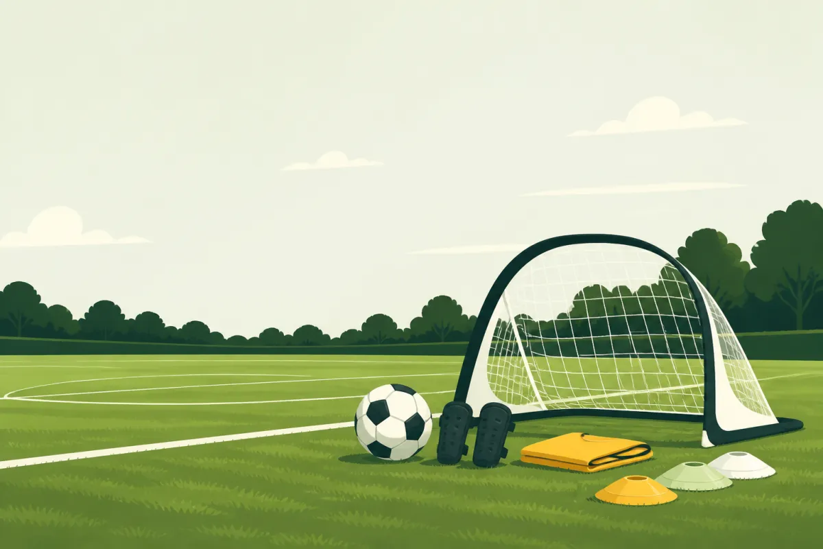 A very small football, a pair of small shin pads and a folded bib on grass beside a pop-up mini goal and soft cones.
