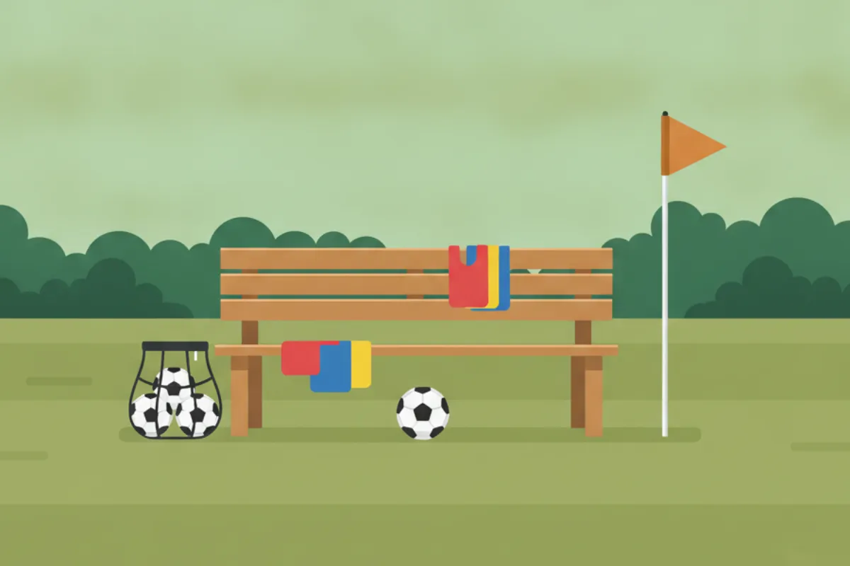 A wooden substitutes' bench with coloured bibs on it, a mesh bag of footballs at one end, a football in front and a corner flag to the side.