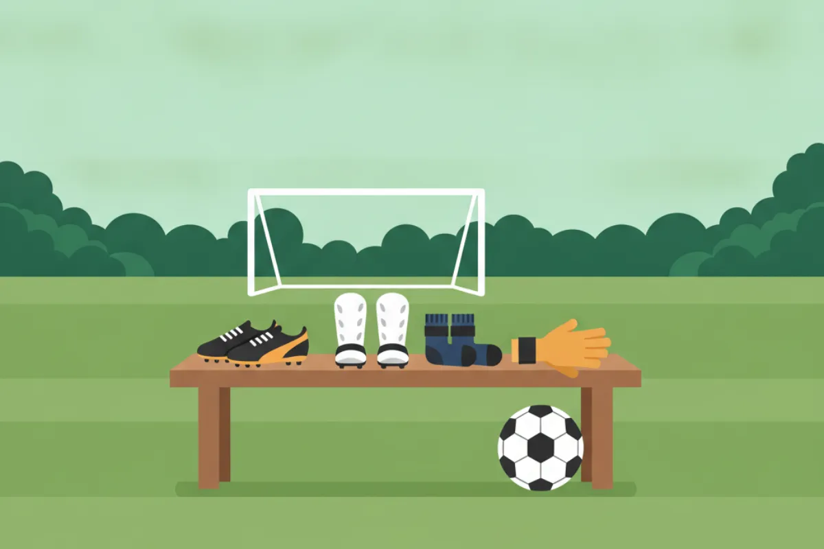 Football boots, shin pads, socks and amber goalkeeper gloves laid out on a wooden bench, a football beneath it and a portable goal behind.