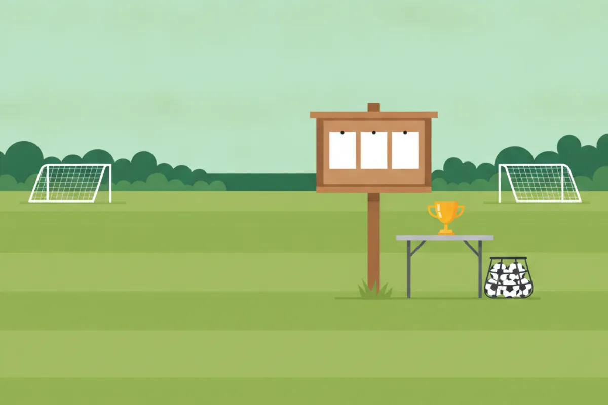 A wooden noticeboard with three blank sheets pinned to it, a gold trophy on a folding table and a mesh bag of footballs, with two goals on the grass beyond.