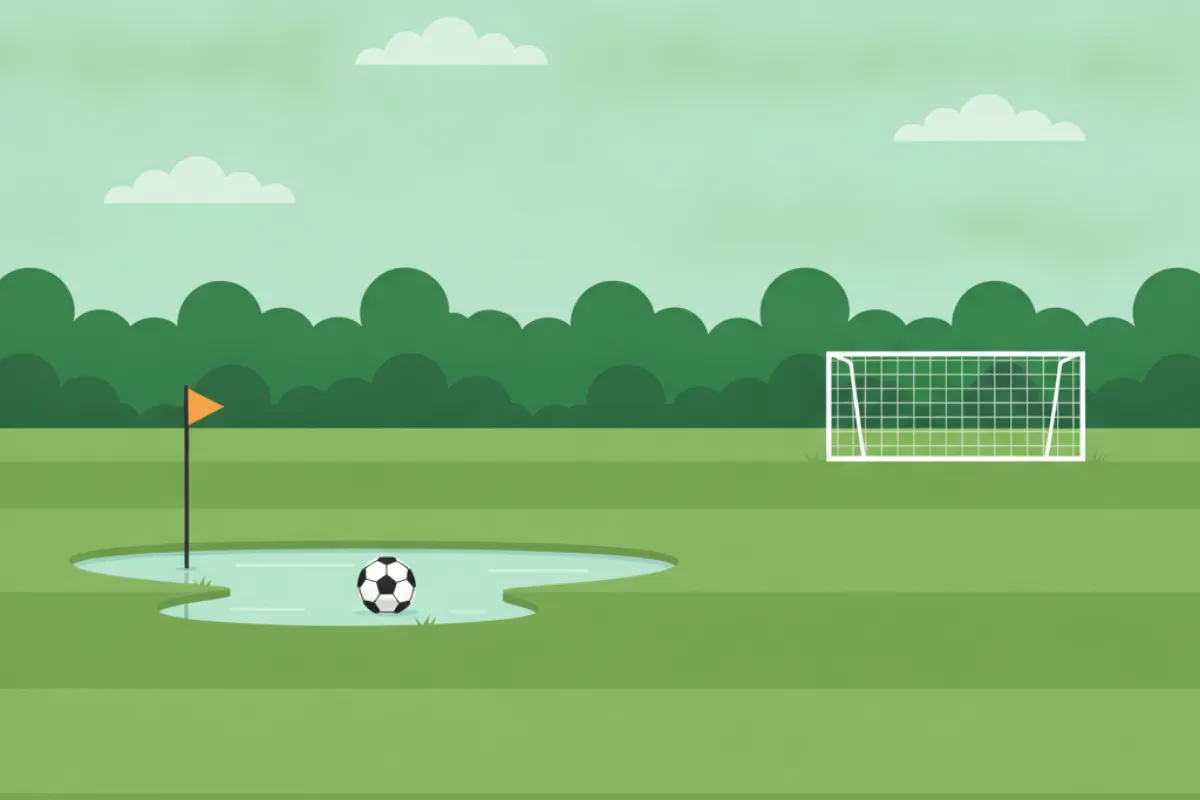 An empty pitch after rain, with a wide puddle of standing water, a football at its edge and an amber corner flag beside it, a goal and trees beyond.